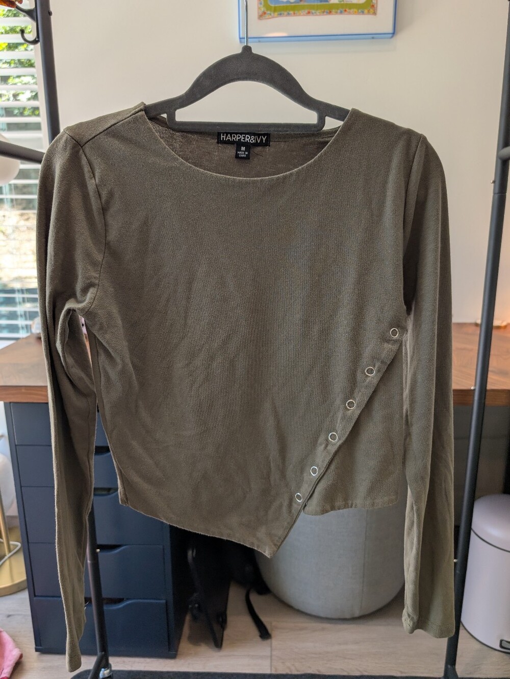 Harper Olive Asymmetrical Long-Sleeve Top with Snap Detail